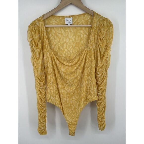 MISA Los Angeles Yellow Stretch Bodysuit Top Size Medium Long Sleeve Ruffle - Picture 1 of 4